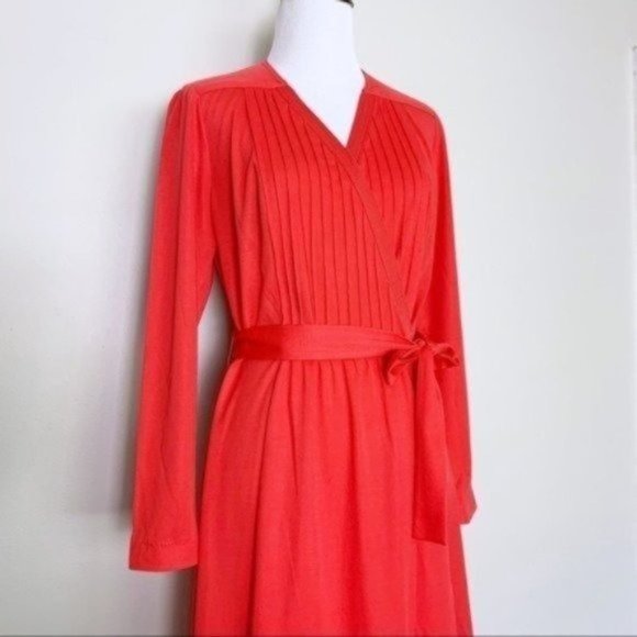 Vintage 60s 70s Edith Flagg Red Pleated Long Sleeve Midi Wrap Dress Small - Picture 4 of 12